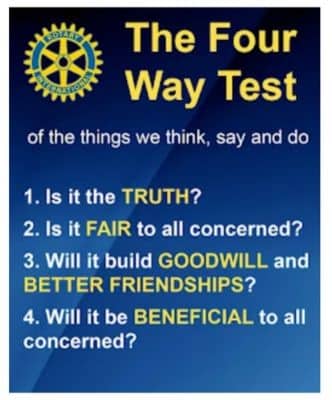 Rotary International Four-Way Test poster listing four ethical questions about truth, fairness, goodwill, and benefit